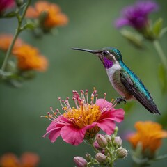 Fototapeta premium A colorful hummingbird drinking nectar from a flower.