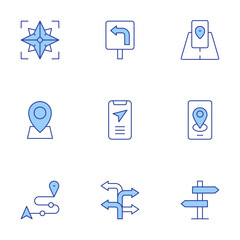 Navigation icons set. Line Duotone style, editable stroke. turn left, turn, navigation, ar, direction, gps, placeholder, route, wind rose