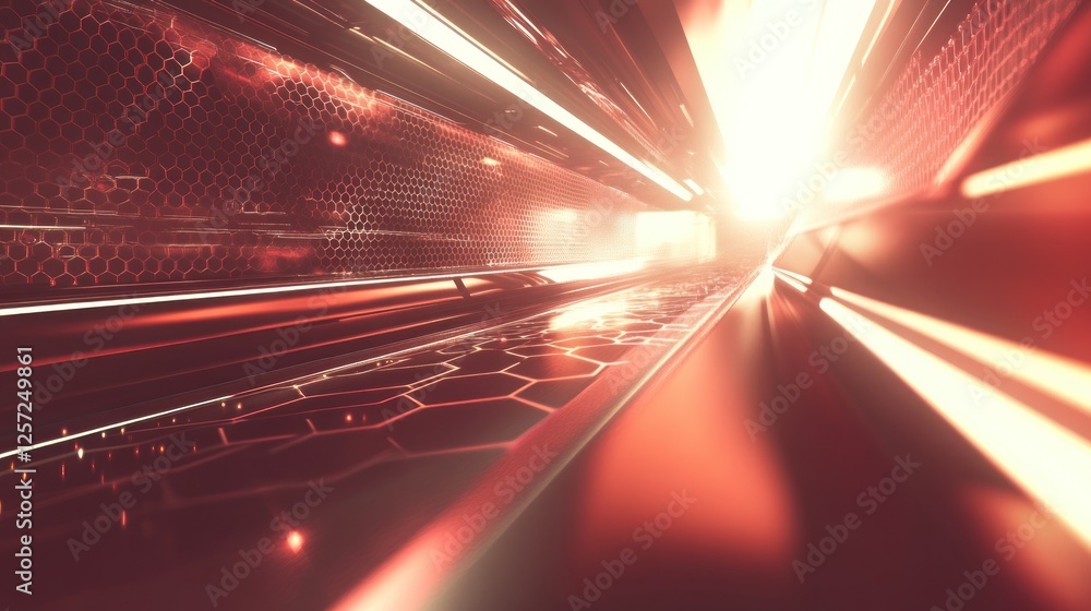 Poster Abstract red futuristic tunnel illuminated by a bright light source