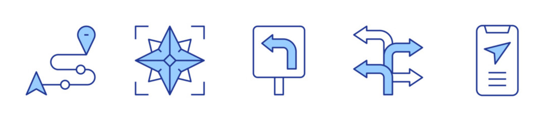 Fototapeta premium turn left, turn, navigation, route, wind rose. Navigation Icon vector illustration. Line Duotone style. Editable stroke