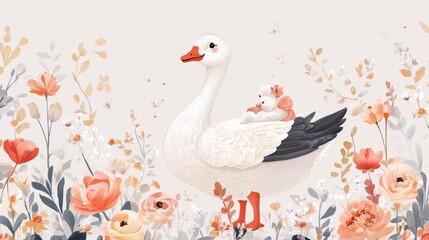 112.Whimsical goose illustrations with quirky expressions and cute clothing, surrounded by delicate floral arrangements, perfect for baby prints and nursery decor.