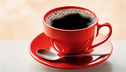 Fototapeta premium Red Cup of Coffee: A steaming cup of dark coffee in a vibrant red mug, resting on a matching saucer with a spoon, perfect for a morning pick-me-up or an afternoon break. 