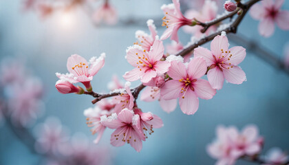 Obraz premium Delicate pink blossoms covered in snow, winter garden enchantment