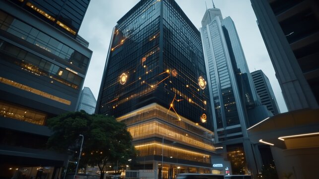 A vibrant cityscape showcases overlapping 5G connectivity graphics, with illuminated data streams and network nodes enhancing the architecture of high-rise buildings