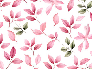 Seamless Pink and Green Leaves Pattern with Watercolor Effect