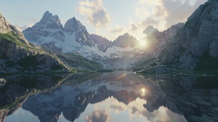 Mountain lake sunrise reflection, scenic alpine landscape, travel poster