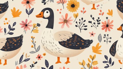 Obraz premium 106.Seamless illustration featuring cute geese waddling among dainty flowers and decorative elements, on a warm beige background perfect for kids' textiles.