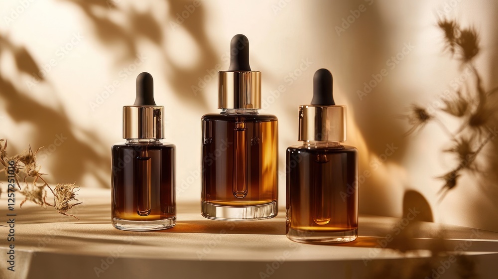 Poster three elegant brown bottles with droppers against a tan backdrop
