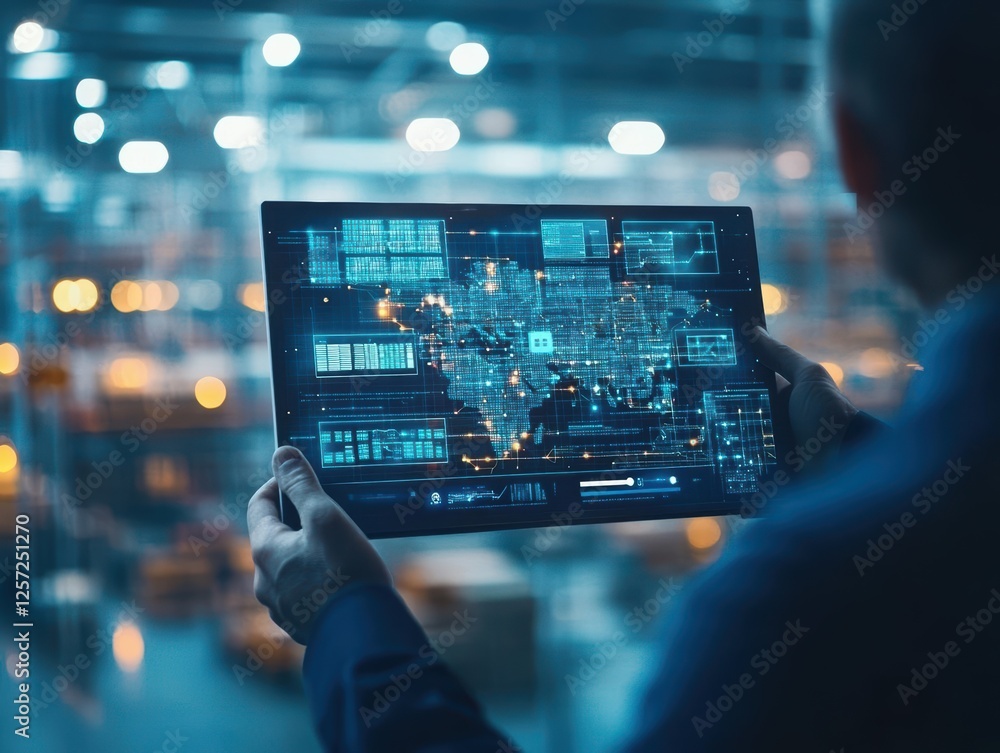 Poster man holding tablet displaying a detailed map for navigation and travel planning outdoors