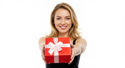 Portrait of a happy pretty woman holding giving red present box gift with white ribbon bow while standing and looking at camera isolated over white background