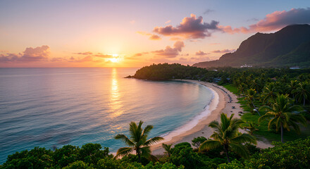 "A picturesque tropical island scene with clear blue waters, lush greenery, and a radiant sunrise casting a golden glow over the horizon, ideal for a paradise-themed nature banner."