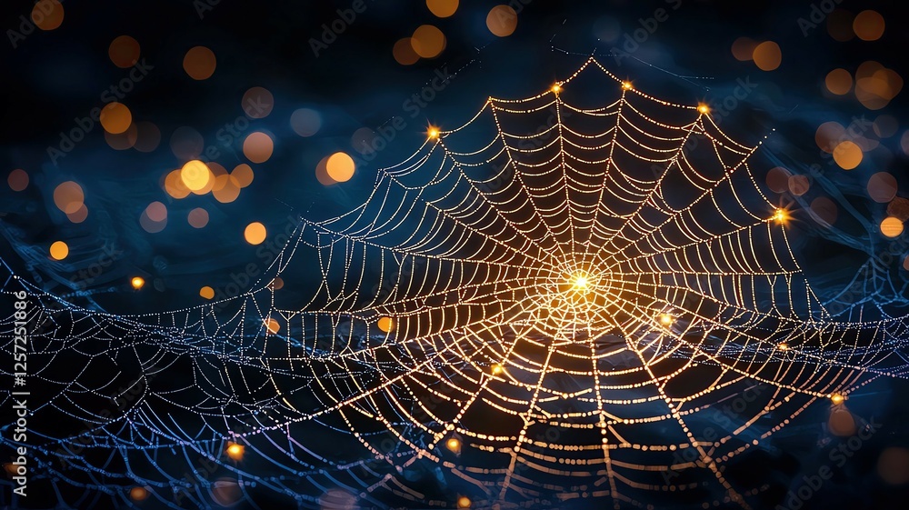 Wall mural luxe nature-inspired light patterns intricate spider web shimmering in soft light.