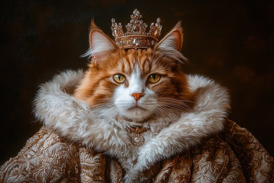 Baroque pet portrait with royal costume concept. Regal cat wearing a crown and a luxurious fur coat