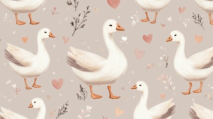 Fototapeta premium 48.A repeating design of charming hand-drawn geese in different playful poses, accented by small hearts and floral elements, on a muted pastel backdrop.