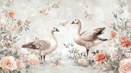 94.A seamless arrangement of charming geese, delicate roses, and intricate bows, set against a soft-toned background with a luxurious and refined coquette style.