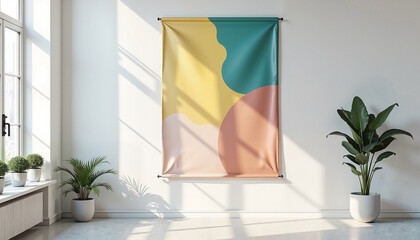 Photorealistic Vertical Fabric Banner Mockup with Vibrant Colors Mounted on Clean White Wall, Soft Natural Light and Subtle Shadows Highlighting Smooth Texture  
