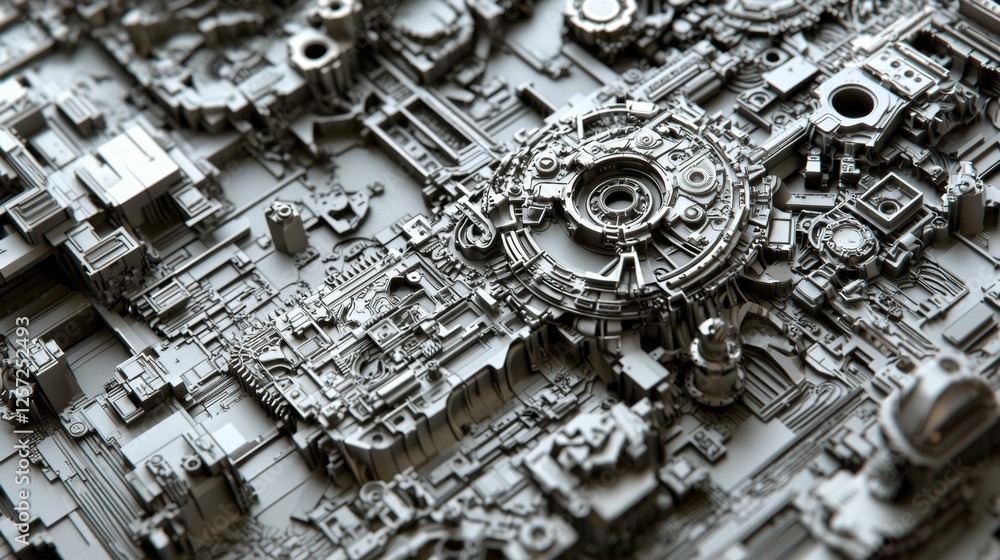Poster detailed abstract texture of mechanical structures in monochrome gray tones for high-tech background