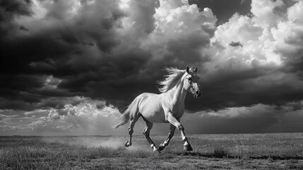 Majestic Palomino Horse Galloping Across a Field Under a Dramatic Sky