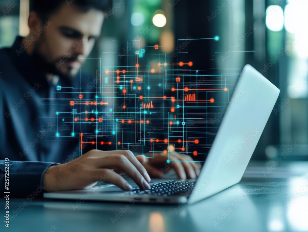 Poster Man using laptop with digital interface displaying various technology and data elements