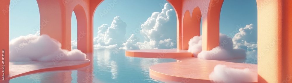 Poster Dreamy architecture featuring arches platforms water clouds and tranquil sky
