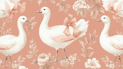 96.Preppy-inspired seamless print with white geese framed by elegant bows and detailed floral elements, evoking a classic and feminine damask pattern in muted pastel hues.