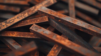 Close-up view of rusted steel beams interlacing dramatically, their jagged textures and flaking paint emphasized by side lighting for an industrial aesthetic