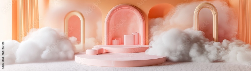 Poster Pastel colored platform display with clouds and arches around