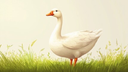 Obraz premium 86.A serene vector illustration of a white goose standing gracefully on a patch of lush green grass, detailed with soft gradients and clean lines, against a light background.