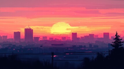 Fototapeta premium Cityscape silhouette against a vibrant sunset sky backdrop