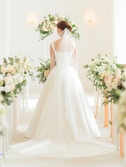 Fototapeta premium Bride Walking Down Aisle: A breathtaking bride in a flowing white gown walks down the aisle towards the altar, surrounded by lush floral arrangements in a stunning ceremony venue, bathed in a soft.