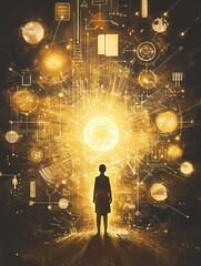 A figure amidst golden digital elements.