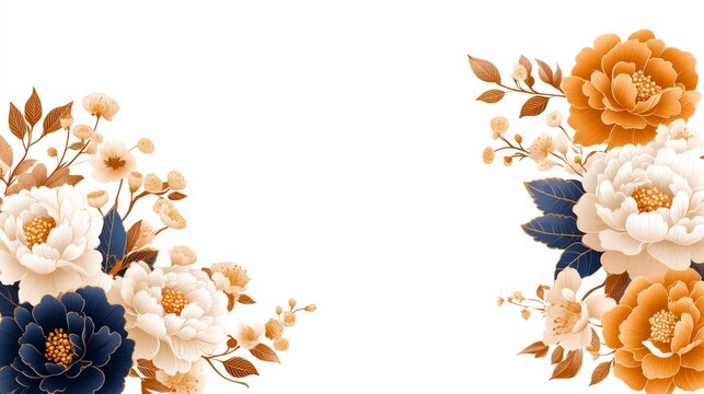 Elegant Floral Frame:  A sophisticated arrangement of navy, cream, and burnt orange peonies and smaller blossoms creates a beautiful and elegant frame, perfect for invitations, announcements.