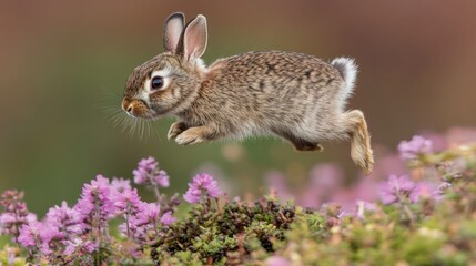 Fototapeta premium Wild rabbit leaps gracefully above vibrant blooming heather flowers