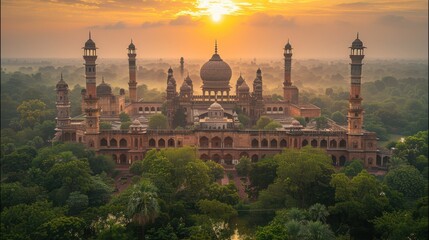 Majestic sunset over a historic palace surrounded by lush greenery, showcasing architectural beauty