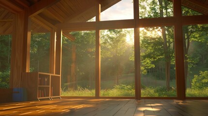 Sunrise Through Wooden Cabin Windows: Tranquil Forest View