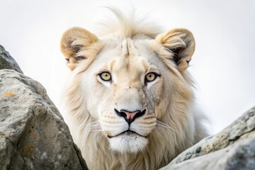 Fototapeta premium A majestic white lion, hidden rock king, commands attention in this wildlife closeup portrait.