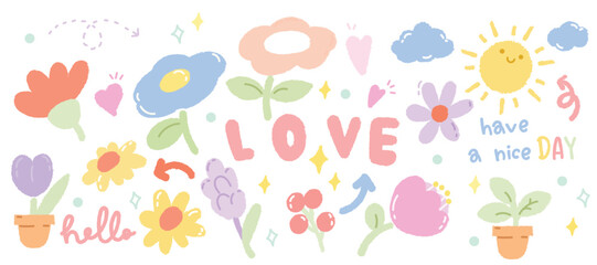 Hand drawn arrangements with small flower. Cute Botanical illustration minimal style for decoration.