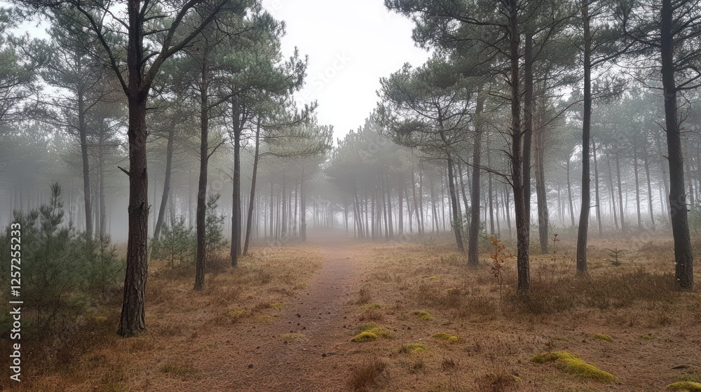 Poster foggy path winding through dense forest with tall trees