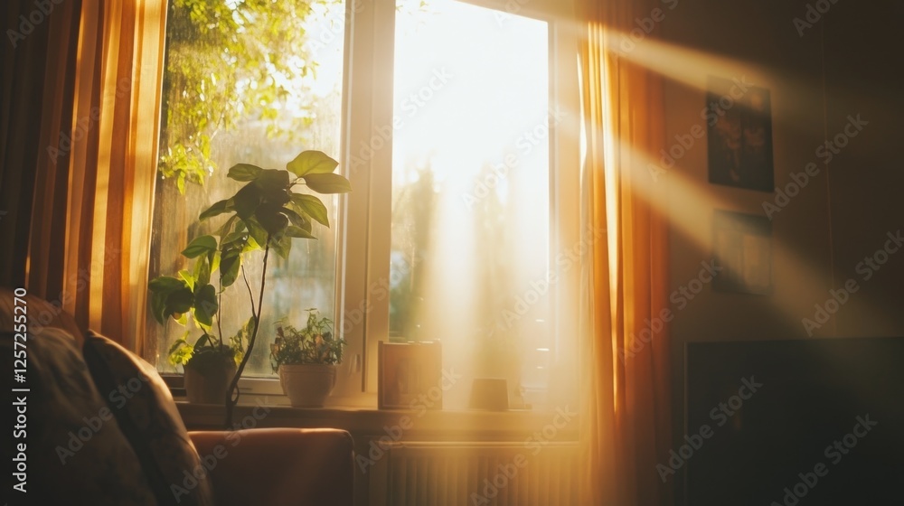 Poster sunlight streaming through window casting bright rays in room