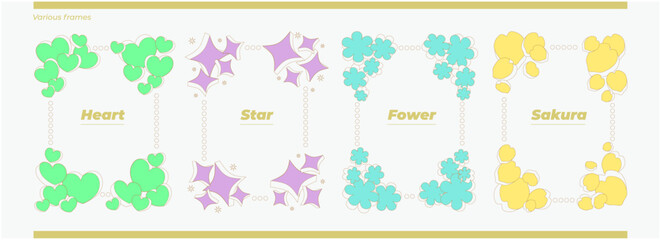 ハートと星とお花と桜のシンプルでモダンなフレームセット。POPモダンなモバイルフレームセット。
A simple and modern frame set with hearts, stars, flowers and cherry blossoms. POP modern mobile frame set.