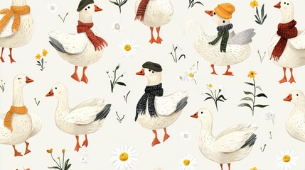 111.Playful vector set of geese characters in various poses, wearing scarves, hats, or boots, scattered among daisies and other meadow flowers in a hand-drawn style.