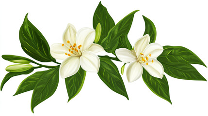 vanilla flower with pods and leaves isolated on white background 