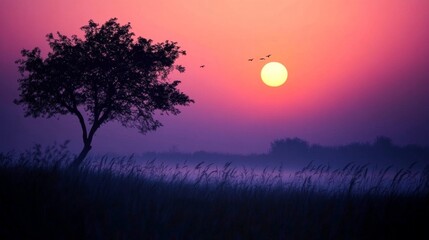 Fototapeta premium Early Morning Calm Atmosphere with Dark Hues and Rising Sun