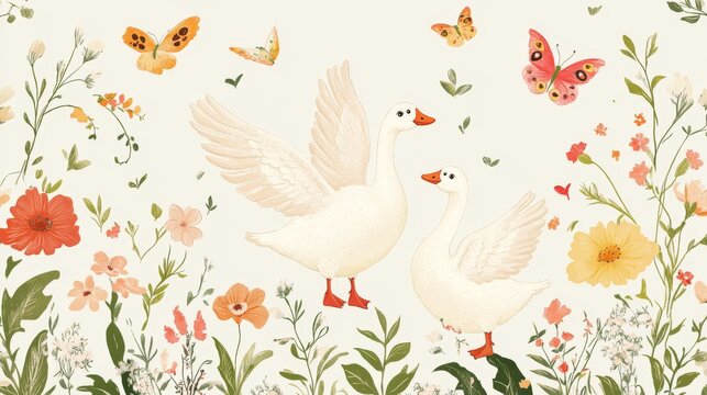 16.A whimsical spring-themed illustration of cartoon geese interacting with blooming flowers, fluttering butterflies, and sprouting leaves, arranged in a repeating design.