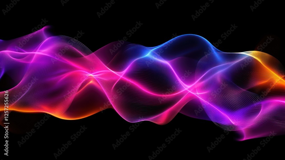 Poster abstract flowing colorful waves dance against a stark black background