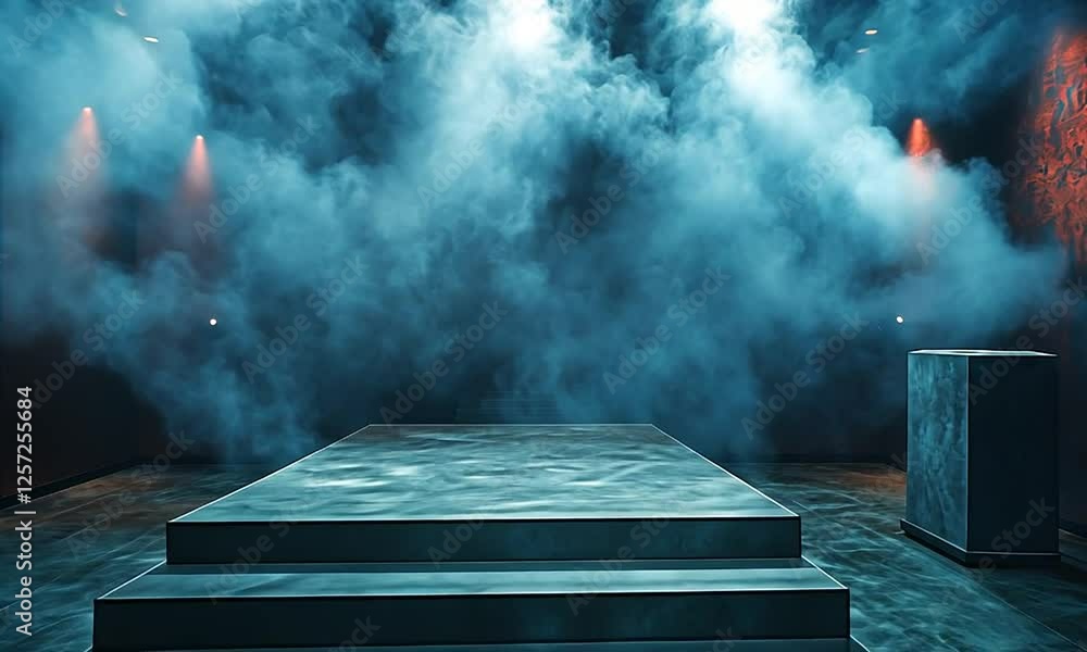 Aufkleber dramatic stage setup with fog and lighting effects, creating an atmospheric performance space
