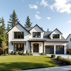 Fototapeta premium Luxurious modern farmhouse, white exterior with black trim, large windows