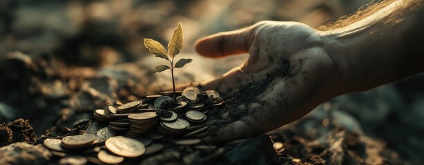 Growing plant among coins in rich soil.