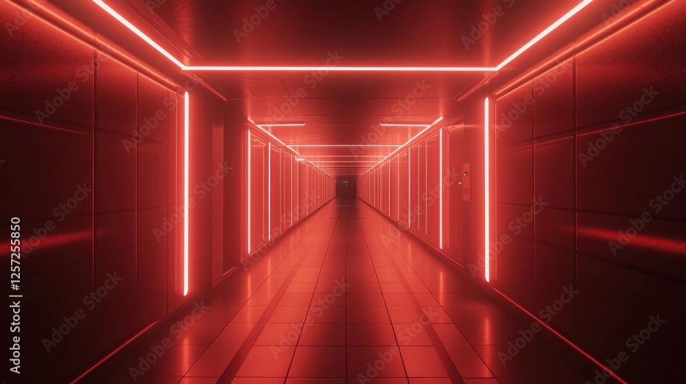 Poster red illuminated corridor showing a futuristic and claustrophobic environment