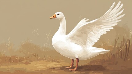 Fototapeta premium 41.Adorable white goose with its wings slightly open, standing on a dirt patch, illustrated in a clean vector style with smooth lines and subtle gradients.